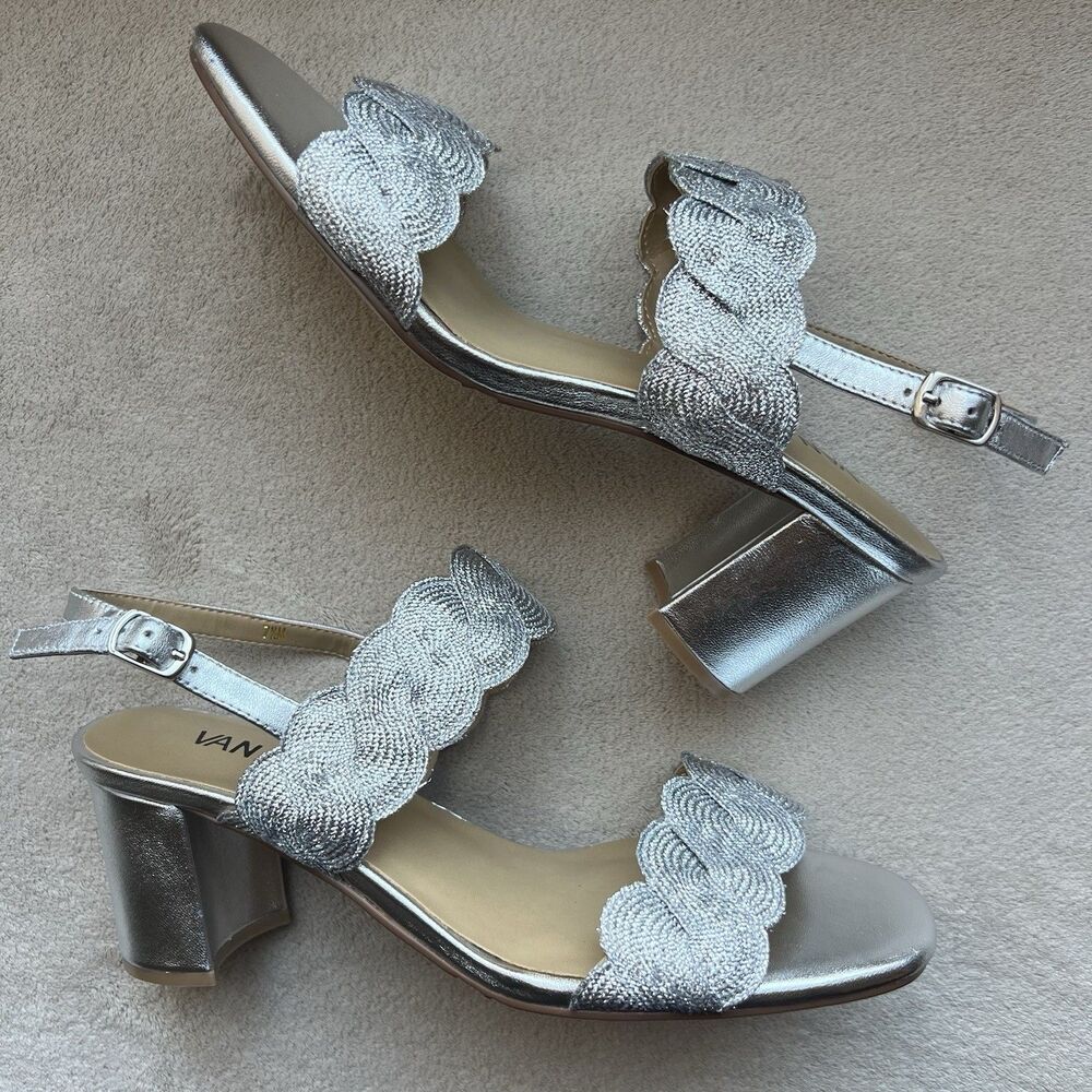 Vaneli Lettie Metallic Silver Block Heel‎ Sandals Women 7.5 Ankle Strap Weave